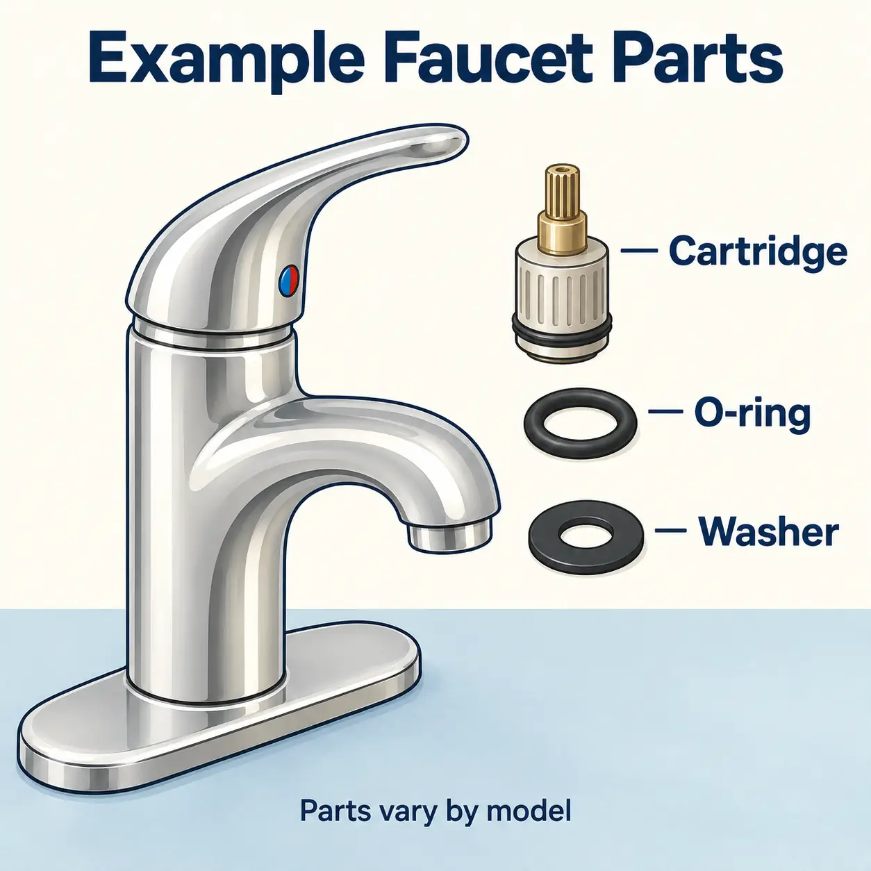 Assembled faucet beside separate examples labeled Cartridge, O-ring and Washer, with a note that parts vary by model.
