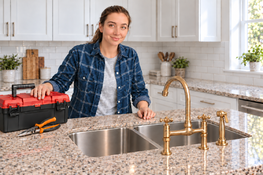 Homeowner beside a red toolbox at a kitchen island with a wide stainless double-bowl sink, brass bridge faucet and matching side sprayer.