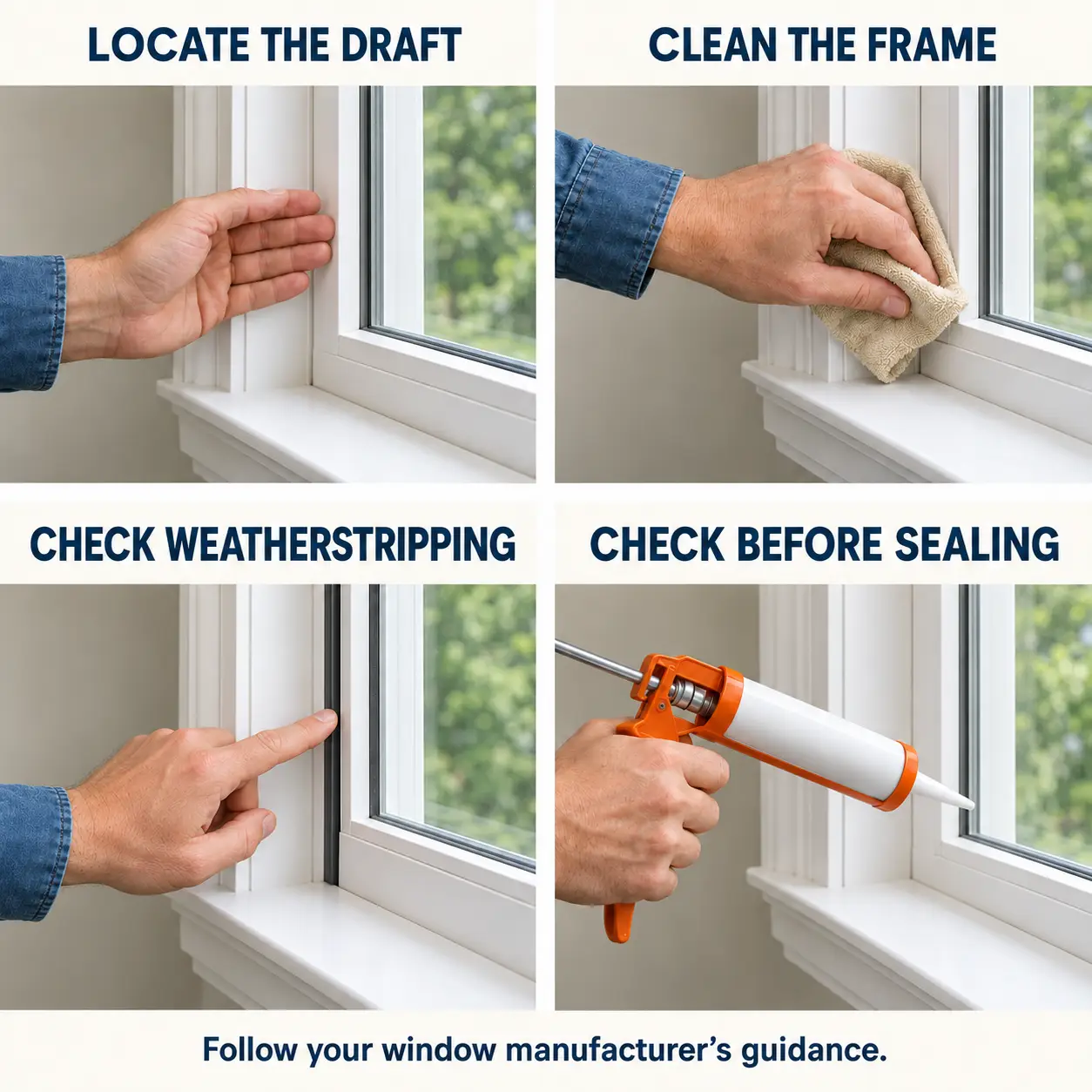 Four window panels: locate a draft with a hand, wipe the frame, inspect fitted weatherstripping and check guidance before sealing.