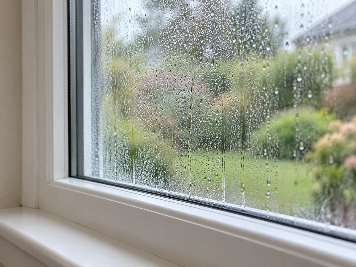 Water droplets across a windowpane, viewed from indoors.