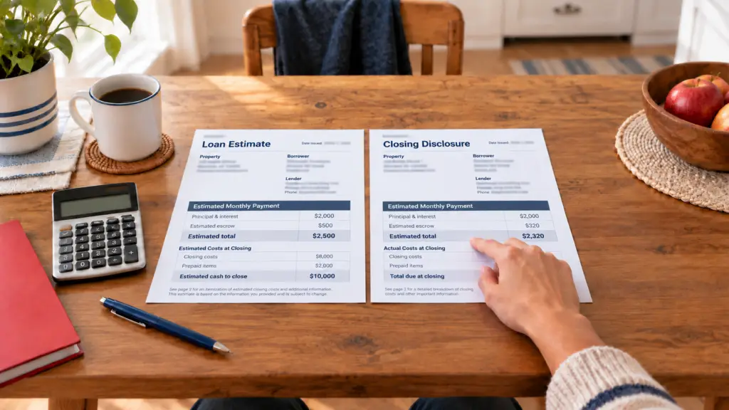 A hand points to loan documents beside a calculator and pen on a kitchen table.