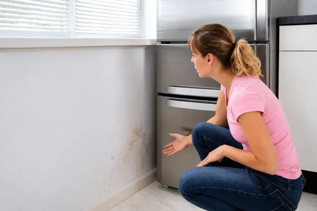 Woman crouching beside a refrigerator, looking at faint tan staining near the kitchen baseboard.