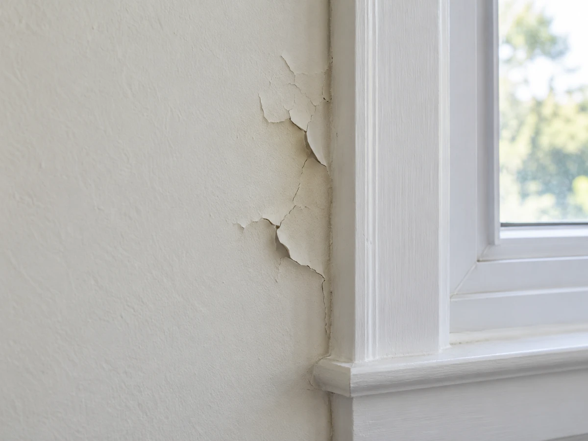 Peeling paint on an interior wall beside a window frame.